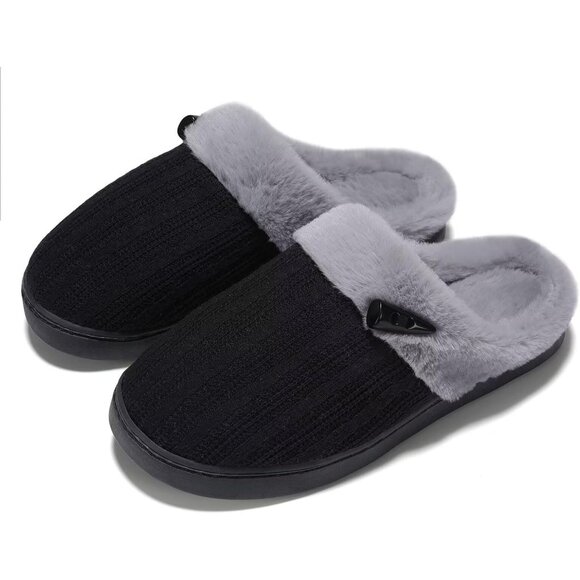 Women's Black Gray Scuff Faux Fur Lining Memory Warm Foam Plush Slippers Shoes - Picture 7 of 8